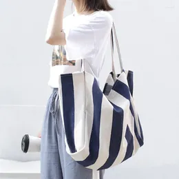 Bag Large Capacity Canvas Women's 2024 Retro Simple Striped Shoulder Multifunctional Casual Open Tote Shopping