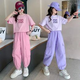 Clothing Sets 2024 Girls' Summer Wear Two Piece Set Of Western Style Leisure T-shirts And Work Pants For Middle-aged Young Children