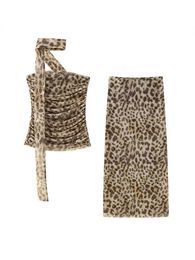 Leopard Print Tub Top Long Skirt Suit Women Sleeveless Fold Tops Hip Package Anklelength Skirts Summer 2 Pcs Sets 240430