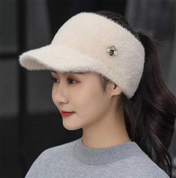 Woman Girl Mink Hair Visor Cap Bee Knitted Autumn Winter Hat Solid Colour Elastic Cycling Running Golf Empty Top Cap 2111224476662