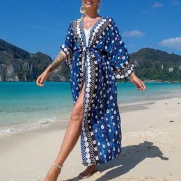 Women'S Outdoor Robe Cover Up Bikini Lace Pattern Printing Sheer Conservative One Piece Swimwear Open Front Retro Swimsuit