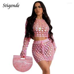 Work Dresses Stigende Women Sexy Knitted Sequin Two Piece Set Summer Glitter Cover Up Swimwear Long Sleeve Crop Top And Mini Skirt