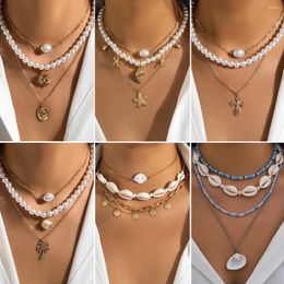 Chains Beaded Beach Pearl Starfish Shell Vintage Vacation Necklace For Women Fashion Jewellery Minimalist Summer Accessories