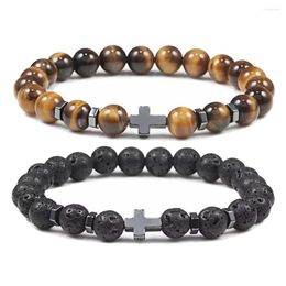 Strand Kirykle 8mm Natural Volcanic Rock Tiger Stone White Pine Black Gallstone Cross Beaded Men's And Women's Bracelet Yoga Jewelry