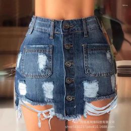 Skirts 2024 Summer Women's Clothing Single-Breasted Pocket Stitching Ripped Tight Denim Skirt