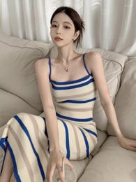 Casual Dresses Korobov Sexy Striped Knit Halter Dress Female Vestidos Summer Waist Breast Girl Skirt Package Hip One-line Shoulder Skirts