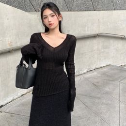 2024 Grey v neck long sleeved knitwear women summer thin pullover sweater tight bottom top