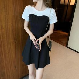 Party Dresses Women's Fashionable Mini Dress Solid Patchwork O-Neck Short Sleeves High Waist Women A-Line Spring Summer 2024