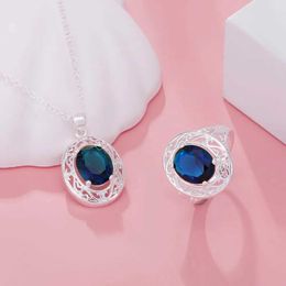 Bröllopsmycken sätter juvelrytop 925 Sterling Silver Elegant Blue Crystal Neckor Rings for Women Luxury Fashion Party Gift H240504