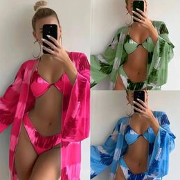 Women's Swimwear 3 Pieces Set Swimsuit Women Thong Sexy Push Up Bikini With Kimono Bathing Suit Tie Dye Swimming Pool Beach Wear