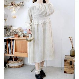 Casual Dresses 118cm Bust Spring Autumn Women Sweet Mori Kei Girl Fashion Embroidered Loose Plus Size Comfortable Linen