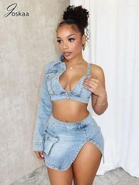 Work Dresses Joskaa Stretch Blue Denim 2 Piece Set Women Sexy V-Neck Single Sleeve Tops And Split Mini Hip Skirt Matching 2024 Streetwear