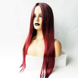 female long straight hair wine red high temperature silk discoloration chemical Wig fiber full head cover