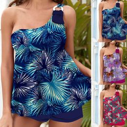 Leaf Printed Conservative Swimwear Women One Shoulder Casual Tankinis Summer Backless Bathing Suits With Boyshorts