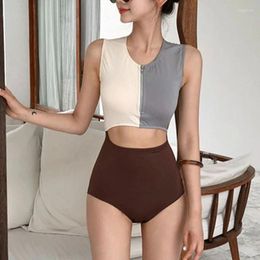 Summer Colour Block Zipper Hollow Out With Chest Pad Without Steel Support Beach Vacation Conservative One Piece Swimsuit