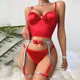 Women's Swimwear Slimming Lingerie For Women Fashion Rhinestone Bow Fun Underwear Sexy Backless Three Piece Split See Through Plus Size