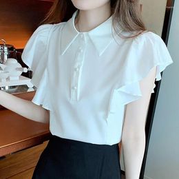 Women's Blouses Elegant O-neck Sweet Woman Blouse Fashion Ruffled White Shirt Summer Polo Neck Flying Short Sleeve Tops 27472