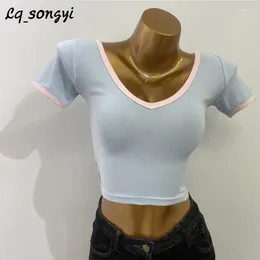 Women's T Shirts Lq_songyi Summer V Neck Crop Top Short Slim Fit Women High Strecth Sexy Sleeve Solid Thin Basic Shirt