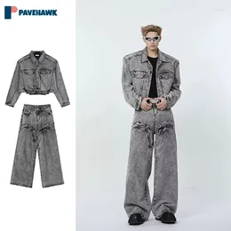 Men's Tracksuits Heavy Industry Washed Denim Suit Spring Autumn Retro Short Jean Jackets Wide Leg Jeans 2pcs Set High Street Loose Sets