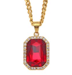 Trendy Bling Ruby Pendant Mens Necklace Stainless Steel Gold Plated Hip Hop Cuban Chain Necklaces Pendants Men Hiphop Jewellery NL4119086