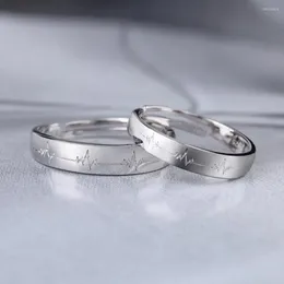 Cluster Rings HOYON Couple Engraved Heartbeat Ecg Opening Adjustable Copper 18K White Gold Colour Simple Style Matching S925 Sliver