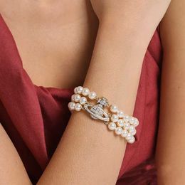 Designer New Brand Magnetic Buckle Three Layer Pearl Saturn Bracelet Full Diamond Versatile Personalised Feel Hwear