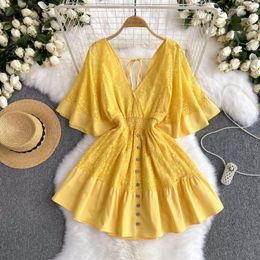 Party Dresses Sexy Dress For Women Hollow Out Floral Print Deep V-neck Flare Sleeve Mini Female Summer Fashion Short Frocks