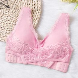 Bras Women Underwear Without Steel Ring Female Anti- Gathered Mum Plus Size Lace Trimmed Brassiere Front Crossover