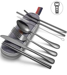 Sunhanny Dinnerware Set Travel Camping Cutlery Set Reusable Silverware with Metal Straw Spoon Fork Chopsticks and Portable Case T26352688