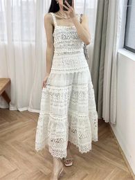 Casual Dresses Crochet Lace Women Sling Dress White Slim Fit Sleeveless Female Off-shoulder Midi Robes 2024 Spring Summer
