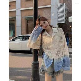 Women's Blouses Chic Crocheted Openwork Gradient Shirts Women Spring Niche Design Blouse Feels Loose All-match Blusas Slim Long-sleeved Tops