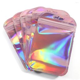 Jewelry Pouches 50pcs Iridescent Self Sealing Bags Pink Laser Plastic Resealable Zip Lock Packaging For Display Retail