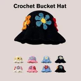 Berets Flower Patch Crochet Sunflower Bucket Hat Knitted Sun Granny Square Handmade Foldable Floppy Beach Cute Comfy