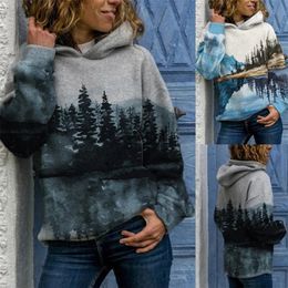Womens Round Neck Casual Hoodie Sweatshirt Long Sleeve Mountain Landscape Printed Plus Size Tops & T-Shirts Autumn and Winter 220321 265z