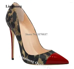 Dress Shoes Linamong Leopard Patchwork Stiletto Heel Pumps Sexy Red Green Pointed Toe 12cm Thin Slip-on High Heels Big Size