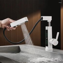 Bathroom Sink Faucets Basin Faucet Mixer Brass Pull Out Tap & Cold Liftable Rotating Single Handle LED Light Temperature Display