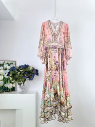 2024 Spring/Summer New Silk Printed V-Neck Layered Crystal Long Dress