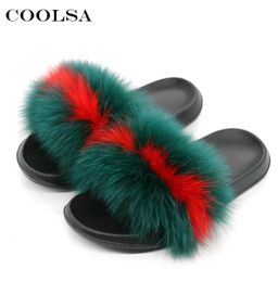 Coolsa New Summer Womens Fox Fur Slippers Fluffy Really Fur Fox Hair Slides Flat Plush Shoes Home Flip Flops Ladies Beach Sandals 2522919