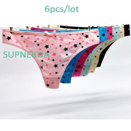 Panties 6pcs Cotton Girl's Underwear Printed Stars Thongs Bandages Girl G String Low Waist Teen Thong Calcinha Size M 185t