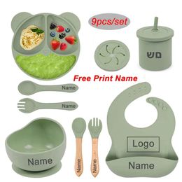 Silicone Sucker Bowl Plate Cup Bibs Spoon Fork Sets Personalised Name Childrens Feeding Dishes Tableware Set For Kids 240429