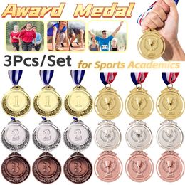 3 Pcs Set Metal Award Medals with Neck Ribbon Gold Silver Bronze Style for Sports Academics Competition Medal Winner Reward 240416