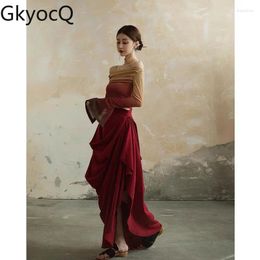 Work Dresses GkyocQ Chic Pure Sexy Skirt Set Autumn Off Shoulder Patchwork Slim Fit Gradient Pullover A-line Skirts Girls Female Outfits