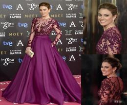 Purple A Line Evening Dresses Long Sleeves Sheer Jewel Neck Celebrity Dresses For Red Carpet with Beaded Appliques Formal Evening 3488471