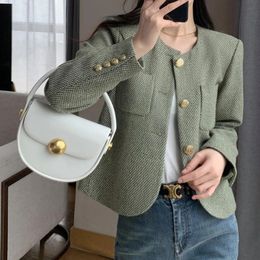 Womens Round Neck Blazer Jacket for Spring and Autumn Trendy Single Breasted Cropped Coat Small Fragrance Green Suit Outerwear 240424