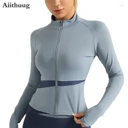 Active Shirts Aiithuug Women's Stand-up Collar Yoga Sweatwear Colour Blocking Full Zipper Coat Thumbholes Slimming Breathable Fitness Jacket