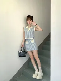 Work Dresses Sweet Girl Suit Women's Spring/summer Blue And White Striped Knitted Sleeveless Vest High Waisted Mini Skirt Two-piece Set