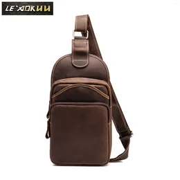 Waist Bags Le'aokuu Men Crazy Horse Leather Casual Vintage Chest Bag Sling Design One Shoulder Crossbody For Male 9977D