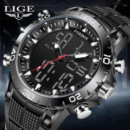 Wristwatches 2024 LIGE Fashion Men Digital Watch Military Sports Watches Dual Display Waterproof Electronic Wristwatch Relogio Masculino BOX