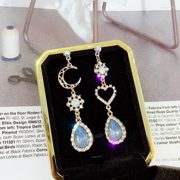 Dangle Earrings Sweet Asymmetry Shiny Rhinestone Drop For Women Love Heart Moon Long Blue Crystal Tassel Korean Jewellery