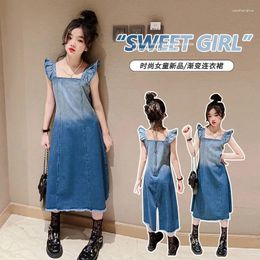 Clothing Sets Teen Girls Denim Dress 2024 Summer Small Flying Sleeves Ragged Edge Gradient Strap Long